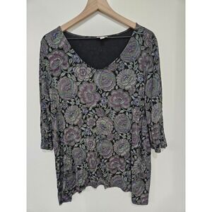 J. Jill Womens XL Petite Floral Mosaic Knit V-Neck Top 3/4 Sleeve Black Rayon